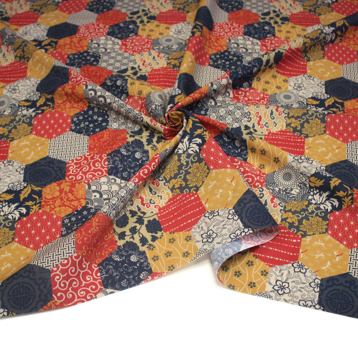 Tissu cotonnade HARAJUKA, motifs japonais, tons bleus, jaunes et rouges - OEKO-TEX