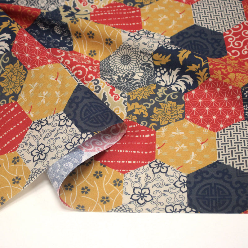Tissu cotonnade HARAJUKA, motifs japonais, tons bleus, jaunes et rouges - OEKO - TEX - TissusPapi.com