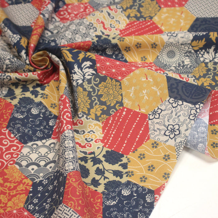 Tissu cotonnade HARAJUKA, motifs japonais, tons bleus, jaunes et rouges - OEKO-TEX