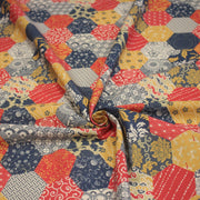 Tissu cotonnade HARAJUKA, motifs japonais, tons bleus, jaunes et rouges - OEKO - TEX - TissusPapi.com