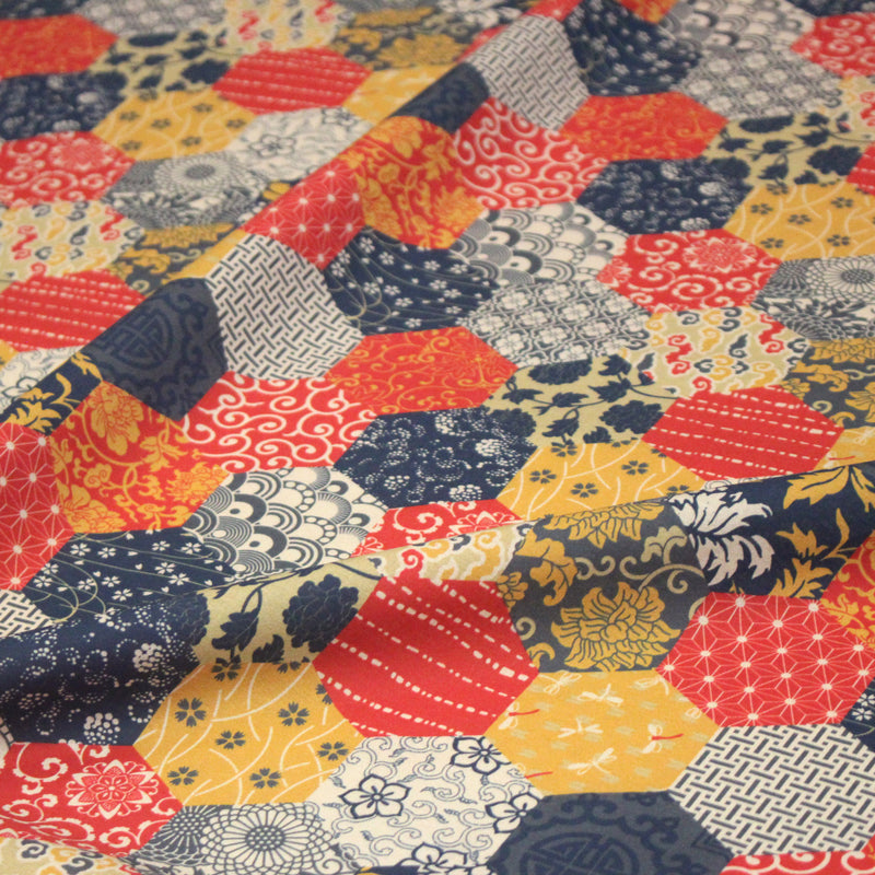Tissu cotonnade HARAJUKA, motifs japonais, tons bleus, jaunes et rouges - OEKO - TEX - TissusPapi.com