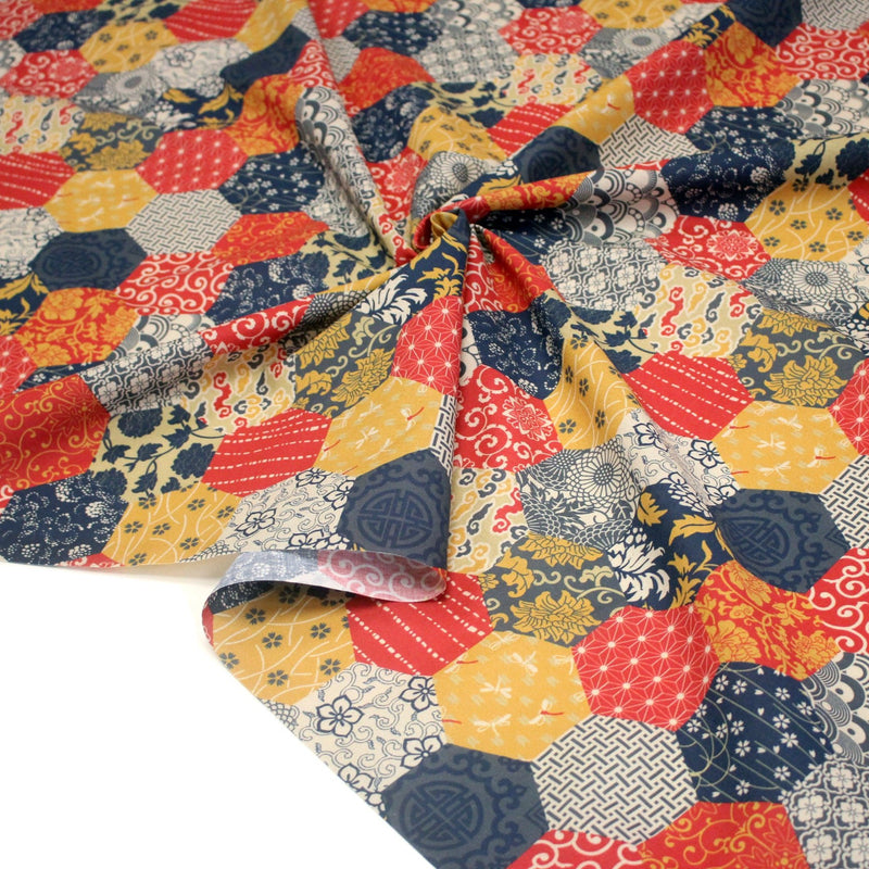 Tissu cotonnade HARAJUKA, motifs japonais, tons bleus, jaunes et rouges - OEKO - TEX - TissusPapi.com