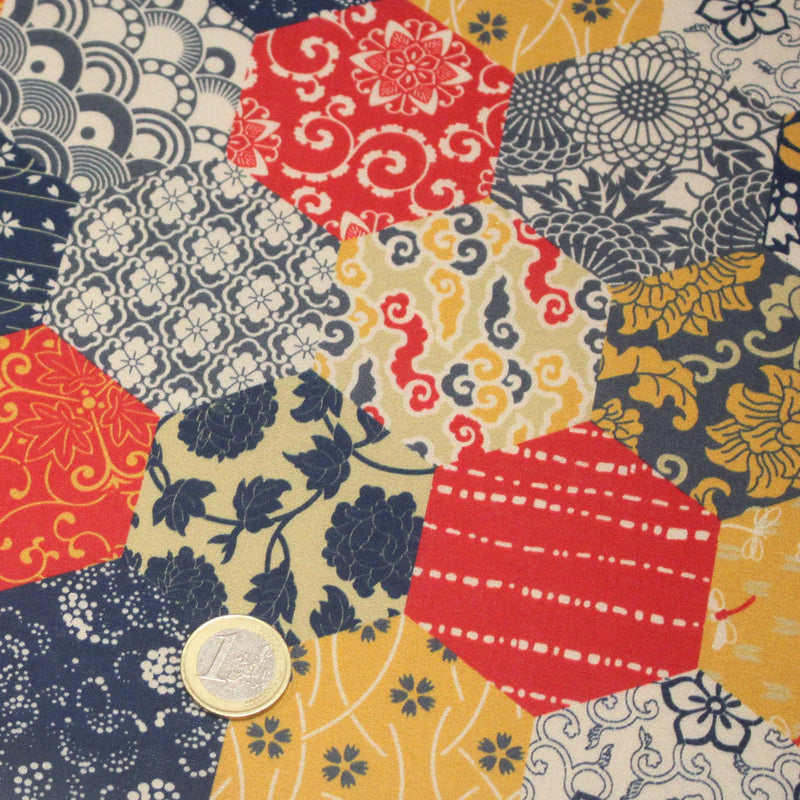 Tissu cotonnade HARAJUKA, motifs japonais, tons bleus, jaunes et rouges - OEKO - TEX - TissusPapi.com