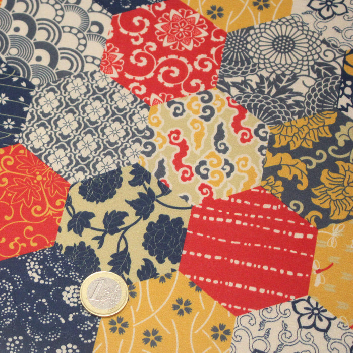 Tissu cotonnade HARAJUKA, motifs japonais, tons bleus, jaunes et rouges - OEKO-TEX