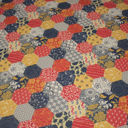 Tissu cotonnade HARAJUKA, motifs japonais, tons bleus, jaunes et rouges - OEKO - TEX - TissusPapi.com