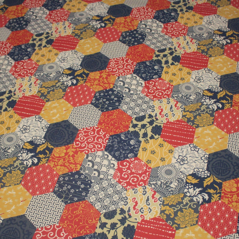 Tissu cotonnade HARAJUKA, motifs japonais, tons bleus, jaunes et rouges - OEKO - TEX - TissusPapi.com