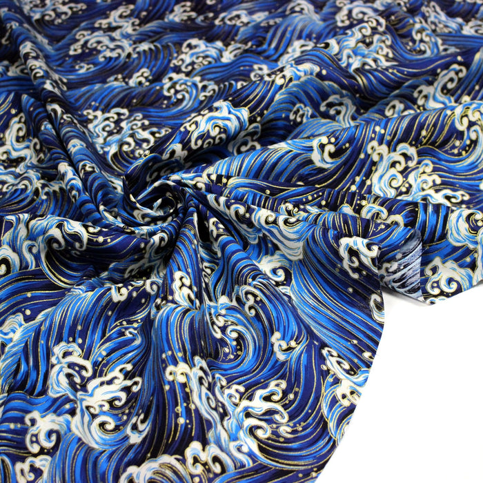 Tissu cotonnade motif japonais VAGUES HOKUSAI dorées, bleu ou rouge - COLLECTION JAPON DORÉ - TissusPapi.com