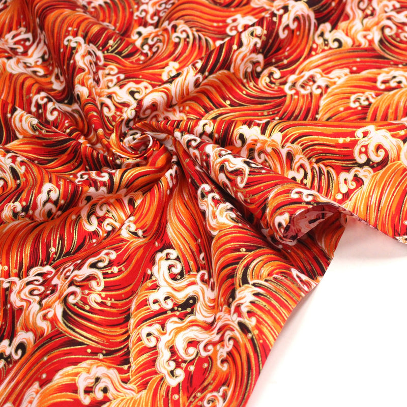 Tissu cotonnade motif japonais VAGUES HOKUSAI dorées, bleu ou rouge - COLLECTION JAPON DORÉ - TissusPapi.com
