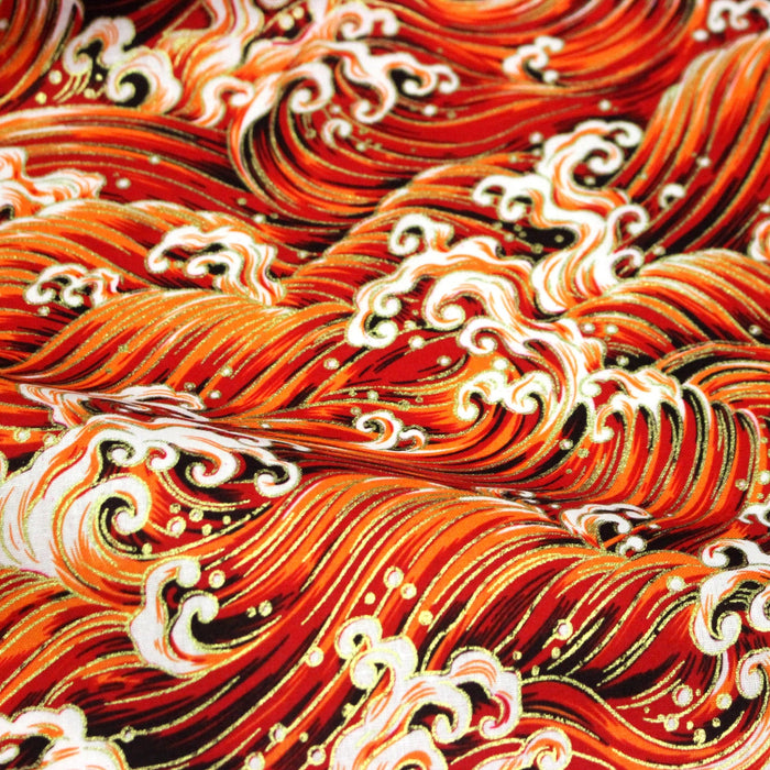Tissu cotonnade motif japonais VAGUES HOKUSAI dorées, bleu ou rouge - COLLECTION JAPON DORÉ - TissusPapi.com