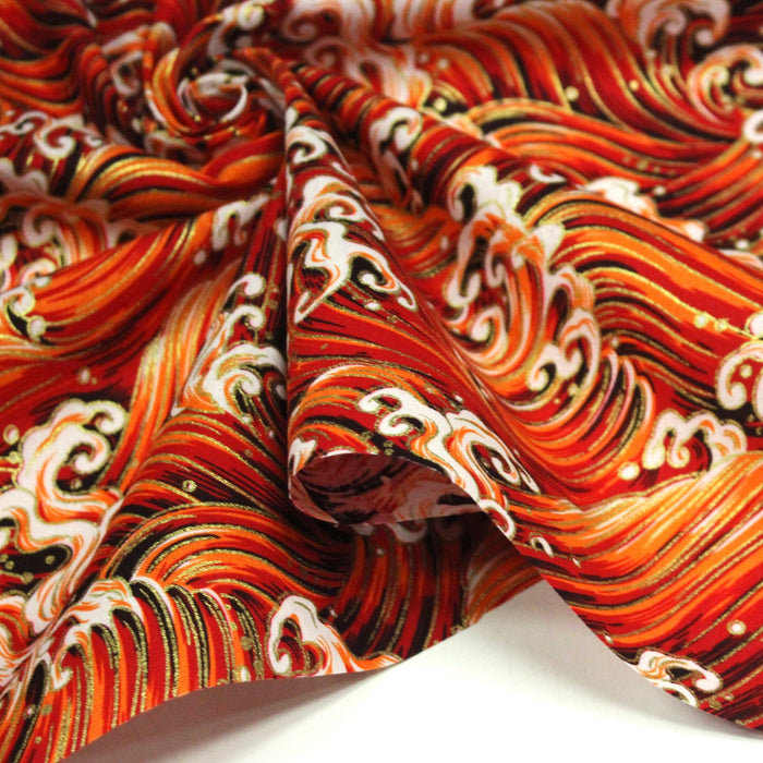Tissu cotonnade motif japonais VAGUES HOKUSAI dorées, bleu ou rouge - COLLECTION JAPON DORÉ - TissusPapi.com