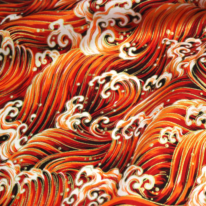 Tissu cotonnade motif japonais VAGUES HOKUSAI dorées, bleu ou rouge - COLLECTION JAPON DORÉ - TissusPapi.com