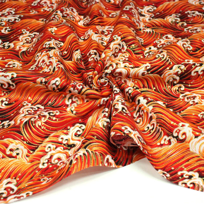 Tissu cotonnade motif japonais VAGUES HOKUSAI dorées, bleu ou rouge - COLLECTION JAPON DORÉ - TissusPapi.com