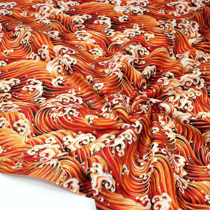 Tissu cotonnade motif japonais VAGUES HOKUSAI dorées, bleu ou rouge - COLLECTION JAPON DORÉ - TissusPapi.com