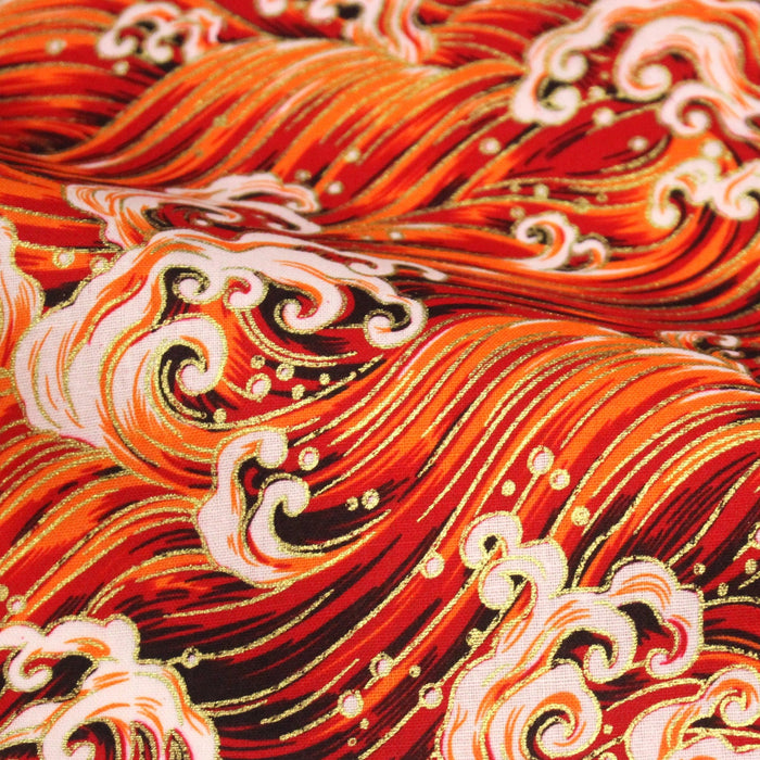 Tissu cotonnade motif japonais VAGUES HOKUSAI dorées, bleu ou rouge - COLLECTION JAPON DORÉ - TissusPapi.com