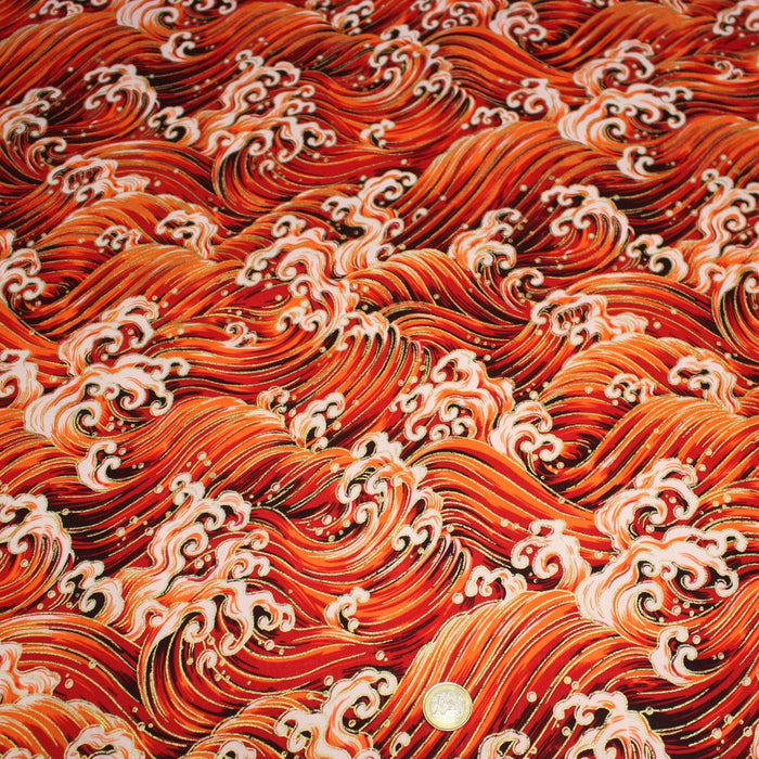Tissu cotonnade motif japonais VAGUES HOKUSAI dorées, bleu ou rouge - COLLECTION JAPON DORÉ - TissusPapi.com