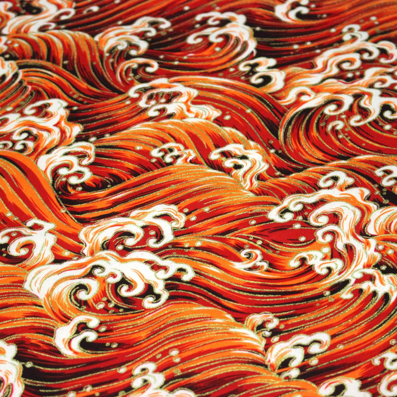 Tissu cotonnade motif japonais VAGUES HOKUSAI dorées, bleu ou rouge - COLLECTION JAPON DORÉ - TissusPapi.com