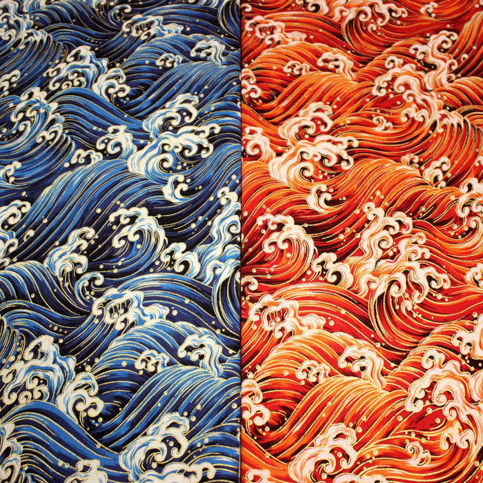 Tissu cotonnade motif japonais VAGUES HOKUSAI dorées, bleu ou rouge - COLLECTION JAPON DORÉ - TissusPapi.com