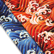Tissu cotonnade motif japonais VAGUES HOKUSAI dorées, bleu ou rouge - COLLECTION JAPON DORÉ - TissusPapi.com