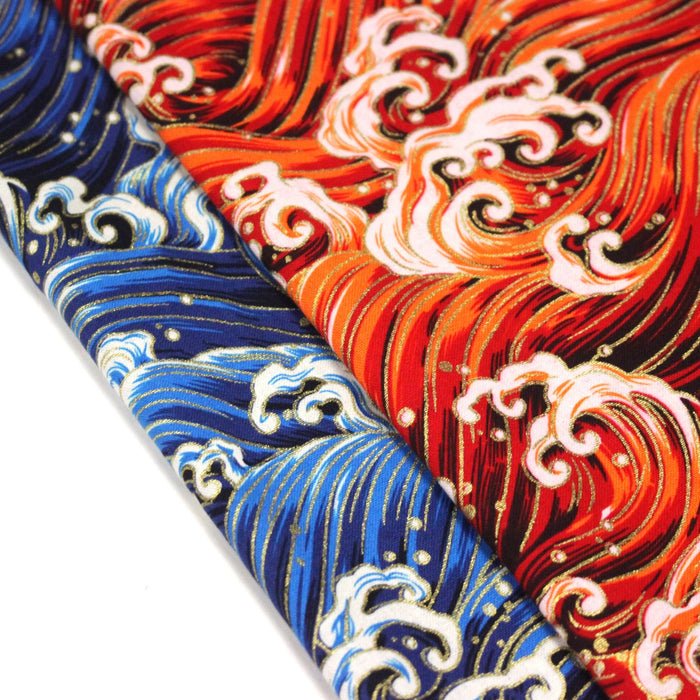 Tissu cotonnade motif japonais VAGUES HOKUSAI dorées, bleu ou rouge - COLLECTION JAPON DORÉ - TissusPapi.com