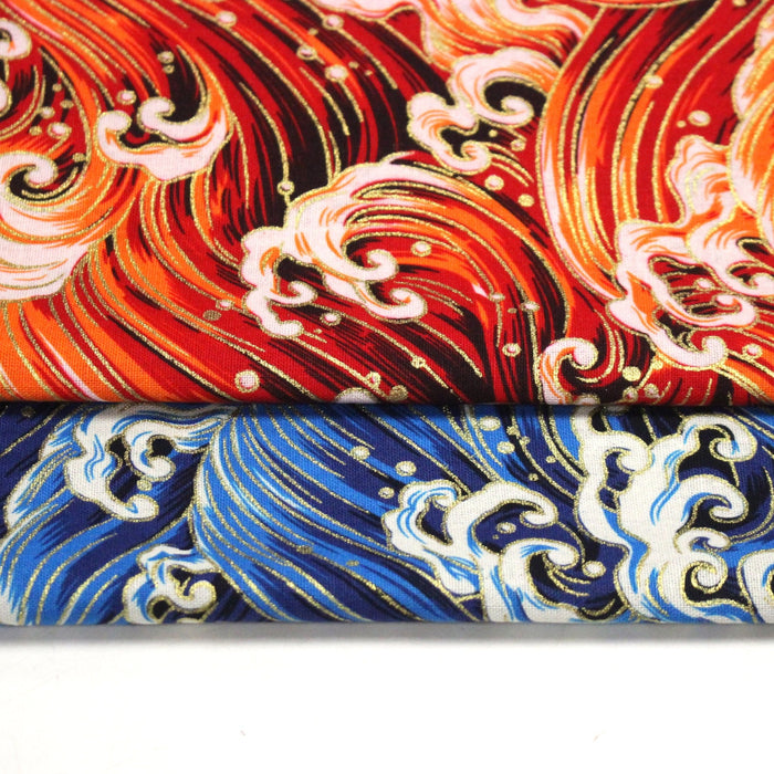 Tissu cotonnade motif japonais VAGUES HOKUSAI dorées, bleu ou rouge - COLLECTION JAPON DORÉ - TissusPapi.com
