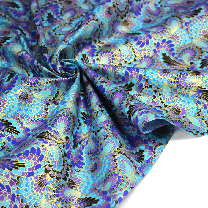 Tissu cotonnade motif japonais LES PLUMES DE PAON dorées, bleu turquoise ou rose fuchsia - COLLECTION JAPON DORÉ