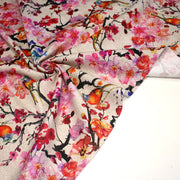 Tissu coton motif jardin japonais GUNMA aux oiseaux et fleurs de cerisier, fond lin - OEKO - TEX - TissusPapi.com