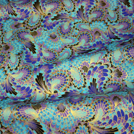 Tissu cotonnade motif japonais LES PLUMES DE PAON dorées, bleu turquoise ou rose fuchsia - COLLECTION JAPON DORÉ - TissusPapi.com