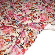 Tissu coton motif jardin japonais GUNMA aux oiseaux et fleurs de cerisier, fond lin - OEKO - TEX - TissusPapi.com