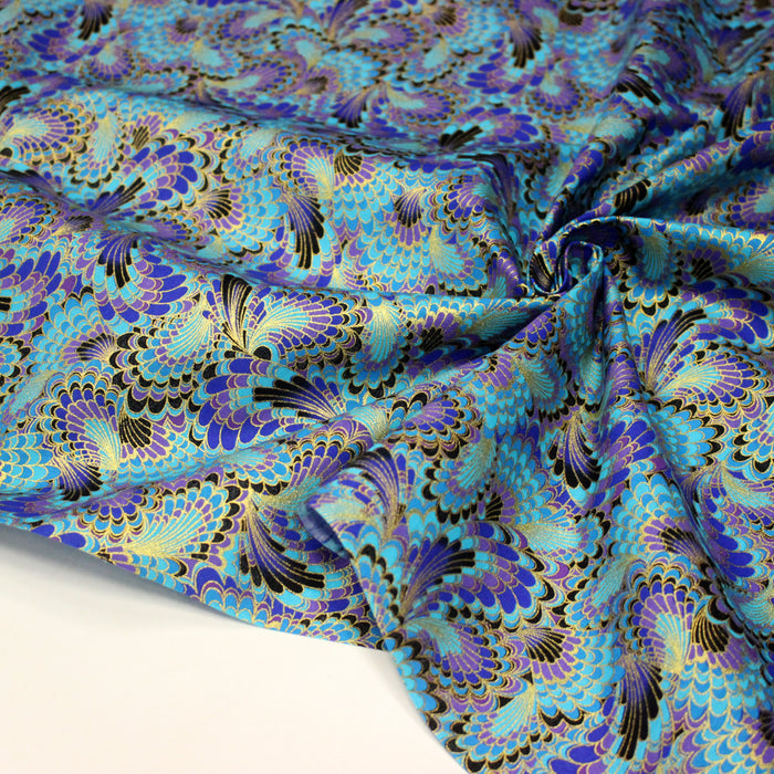 Tissu cotonnade motif japonais LES PLUMES DE PAON dorées, bleu turquoise ou rose fuchsia - COLLECTION JAPON DORÉ
