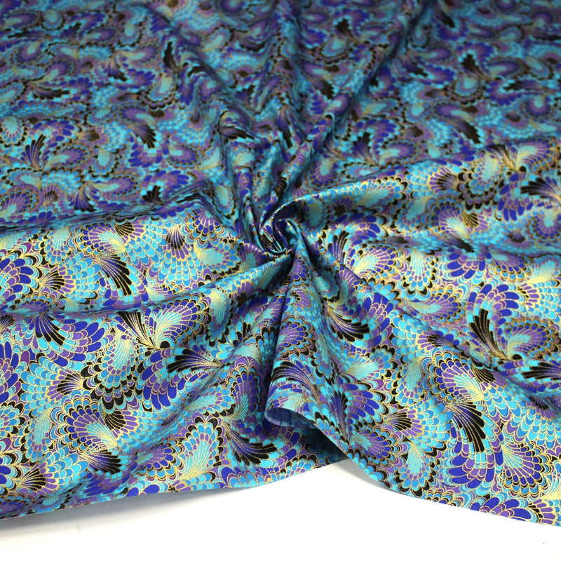 Tissu cotonnade motif japonais LES PLUMES DE PAON dorées, bleu turquoise ou rose fuchsia - COLLECTION JAPON DORÉ - TissusPapi.com