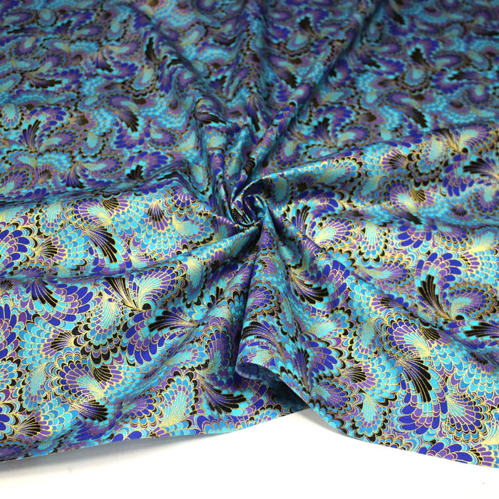 Tissu cotonnade motif japonais LES PLUMES DE PAON dorées, bleu turquoise ou rose fuchsia - COLLECTION JAPON DORÉ