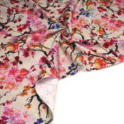 Tissu coton motif jardin japonais GUNMA aux oiseaux et fleurs de cerisier, fond lin - OEKO - TEX - TissusPapi.com