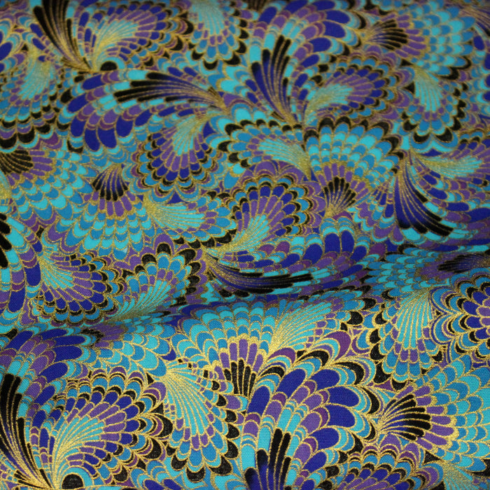 Tissu cotonnade motif japonais LES PLUMES DE PAON dorées, bleu turquoise ou rose fuchsia - COLLECTION JAPON DORÉ