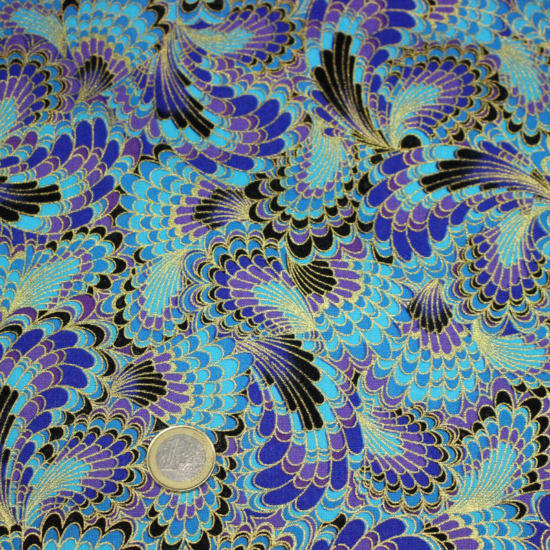 Tissu cotonnade motif japonais LES PLUMES DE PAON dorées, bleu turquoise ou rose fuchsia - COLLECTION JAPON DORÉ - TissusPapi.com