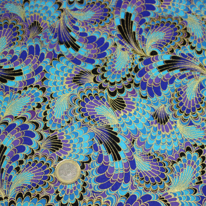 Tissu cotonnade motif japonais LES PLUMES DE PAON dorées, bleu turquoise ou rose fuchsia - COLLECTION JAPON DORÉ