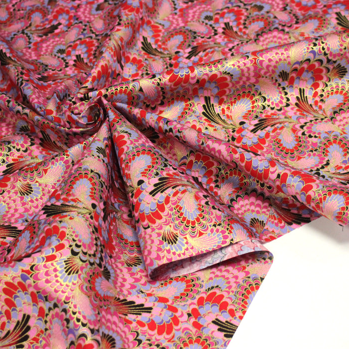Tissu cotonnade motif japonais LES PLUMES DE PAON dorées, bleu turquoise ou rose fuchsia - COLLECTION JAPON DORÉ