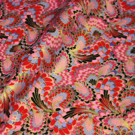 Tissu cotonnade motif japonais LES PLUMES DE PAON dorées, bleu turquoise ou rose fuchsia - COLLECTION JAPON DORÉ - TissusPapi.com