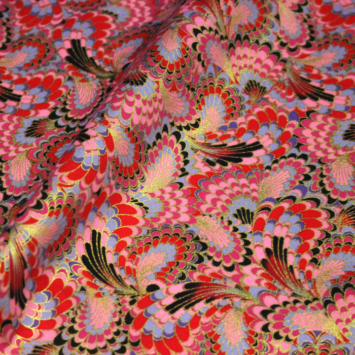 Tissu cotonnade motif japonais LES PLUMES DE PAON dorées, bleu turquoise ou rose fuchsia - COLLECTION JAPON DORÉ