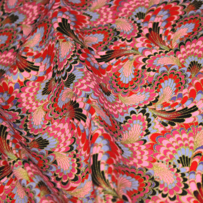 Tissu cotonnade motif japonais LES PLUMES DE PAON dorées, bleu turquoise ou rose fuchsia - COLLECTION JAPON DORÉ