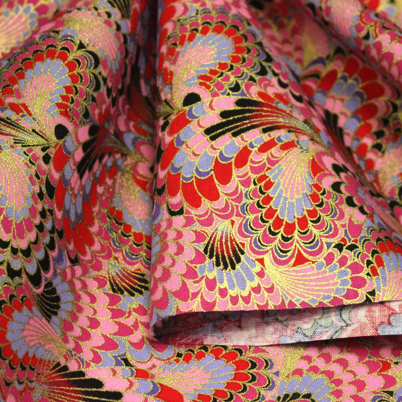 Tissu cotonnade motif japonais LES PLUMES DE PAON dorées, bleu turquoise ou rose fuchsia - COLLECTION JAPON DORÉ - TissusPapi.com