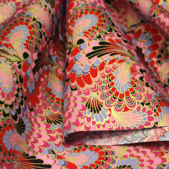 Tissu cotonnade motif japonais LES PLUMES DE PAON dorées, bleu turquoise ou rose fuchsia - COLLECTION JAPON DORÉ