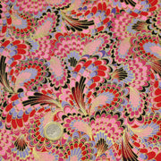 Tissu cotonnade motif japonais LES PLUMES DE PAON dorées, bleu turquoise ou rose fuchsia - COLLECTION JAPON DORÉ - TissusPapi.com