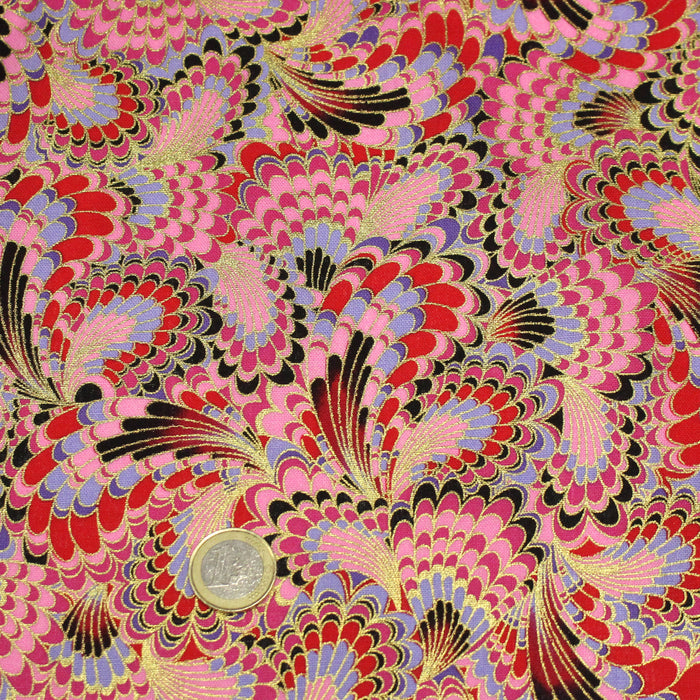 Tissu cotonnade motif japonais LES PLUMES DE PAON dorées, bleu turquoise ou rose fuchsia - COLLECTION JAPON DORÉ
