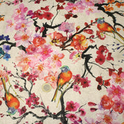 Tissu coton motif jardin japonais GUNMA aux oiseaux et fleurs de cerisier, fond lin - OEKO - TEX - TissusPapi.com