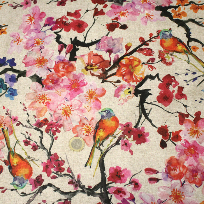 Tissu coton motif jardin japonais GUNMA aux oiseaux et fleurs de cerisier, fond lin - 140cm ou 280cm de large - OEKO-TEX