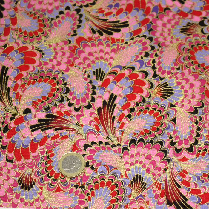 Tissu cotonnade motif japonais LES PLUMES DE PAON dorées, bleu turquoise ou rose fuchsia - COLLECTION JAPON DORÉ