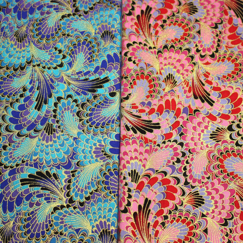 Tissu cotonnade motif japonais LES PLUMES DE PAON dorées, bleu turquoise ou rose fuchsia - COLLECTION JAPON DORÉ - TissusPapi.com