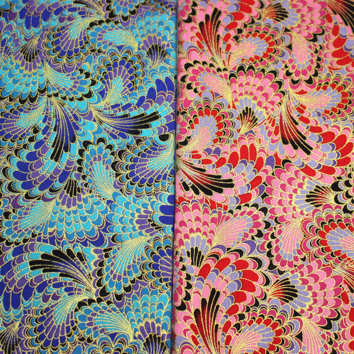 Tissu cotonnade motif japonais LES PLUMES DE PAON dorées, bleu turquoise ou rose fuchsia - COLLECTION JAPON DORÉ