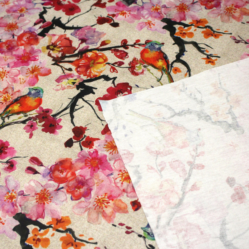 Tissu coton motif jardin japonais GUNMA aux oiseaux et fleurs de cerisier, fond lin - OEKO - TEX - TissusPapi.com