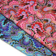 Tissu cotonnade motif japonais LES PLUMES DE PAON dorées, bleu turquoise ou rose fuchsia - COLLECTION JAPON DORÉ - TissusPapi.com